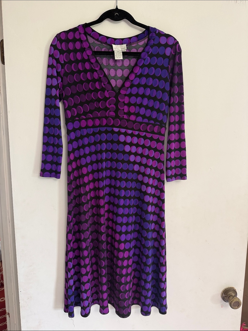 Donna Morgan Purple & Black Polka Dot V-Neck Long Sleeve Dress size 6